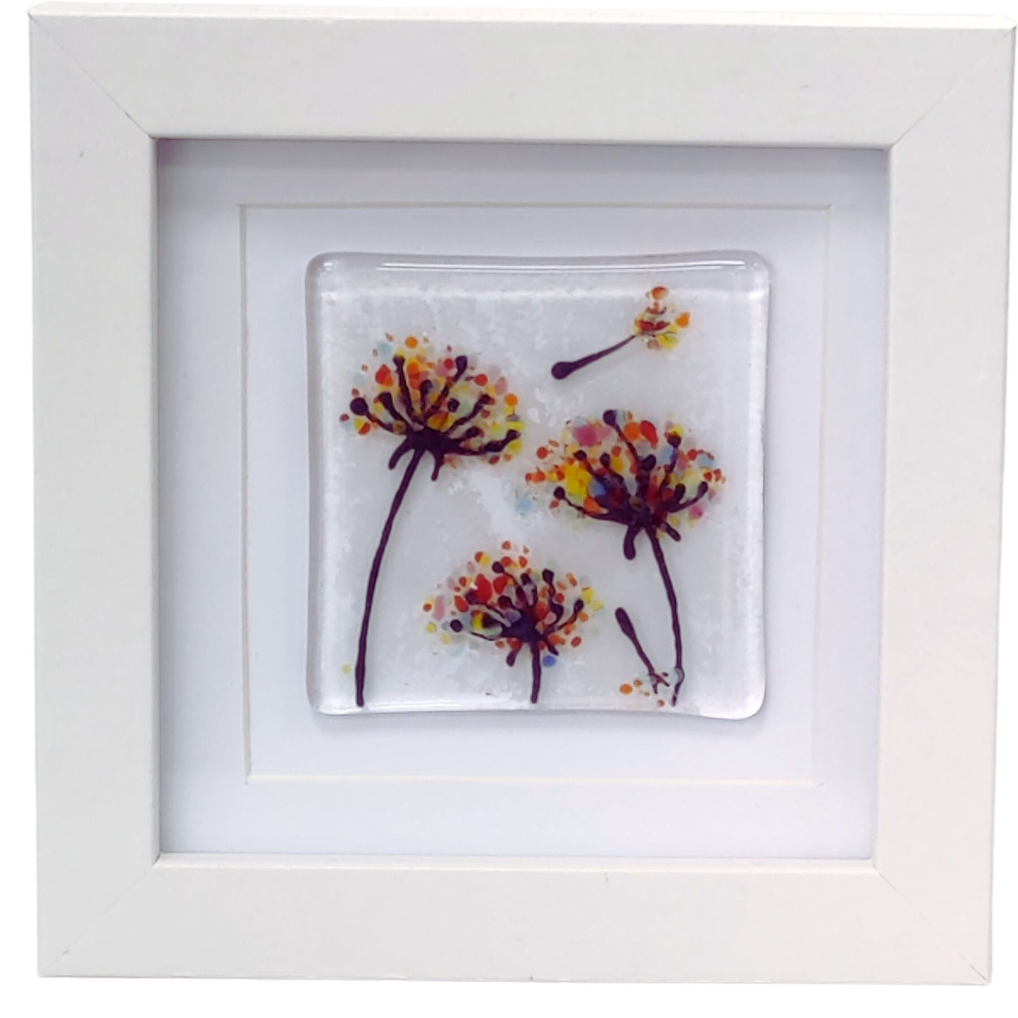 Fused glass small framed picture, mini fused glass art, rainbow dandelion wishes, fused glass flower picture
