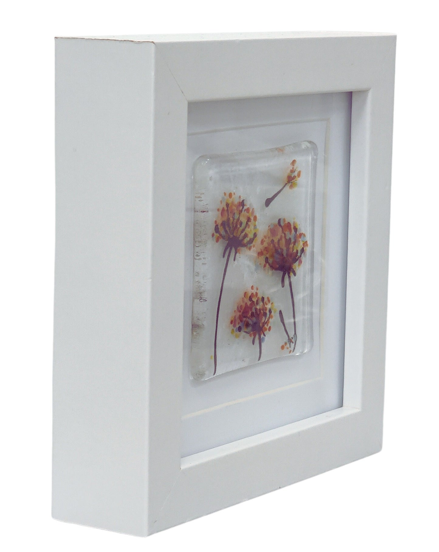 Fused glass small framed picture, mini fused glass art, rainbow dandelion wishes, fused glass flower picture