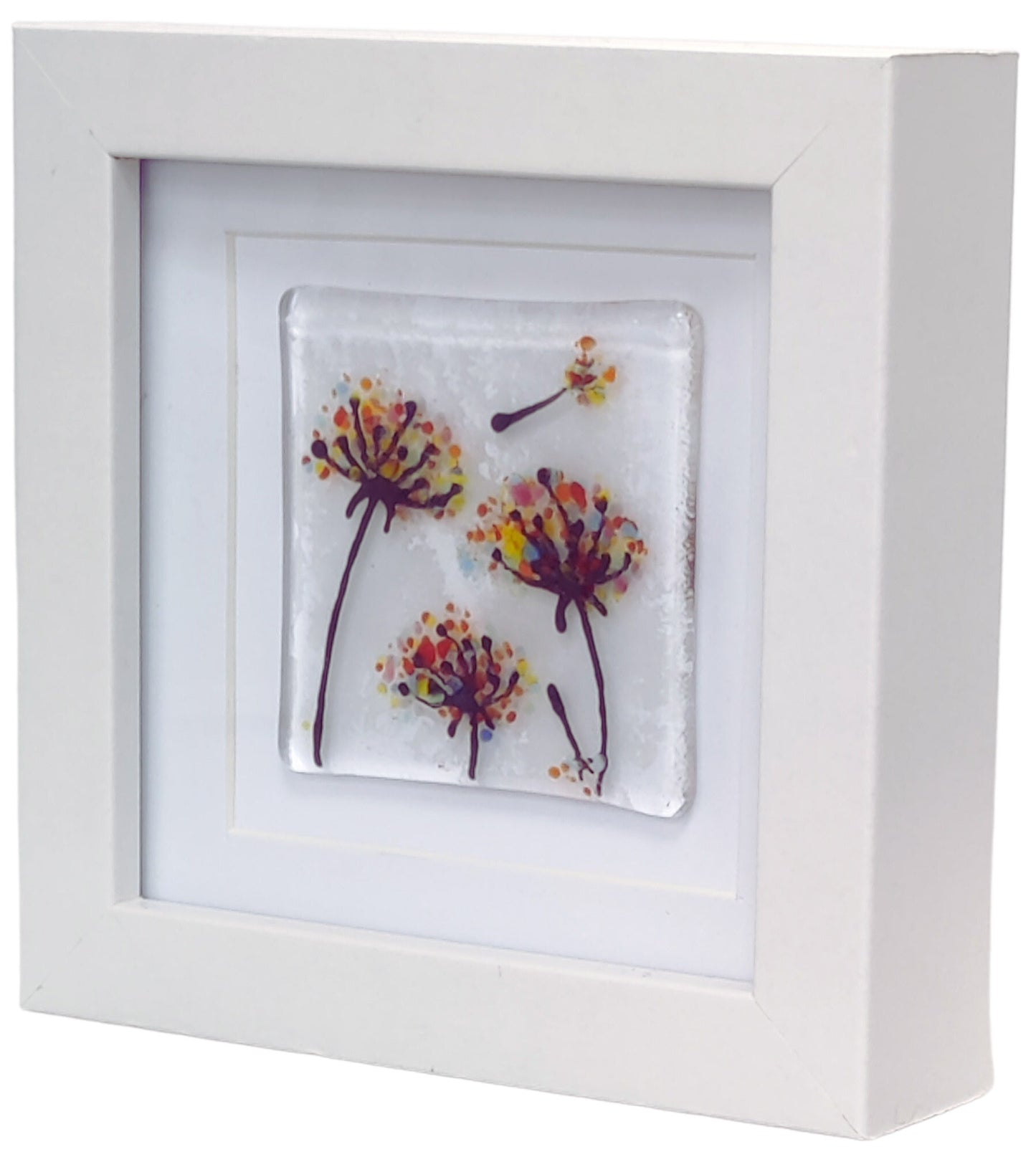 Fused glass small framed picture, mini fused glass art, rainbow dandelion wishes, fused glass flower picture