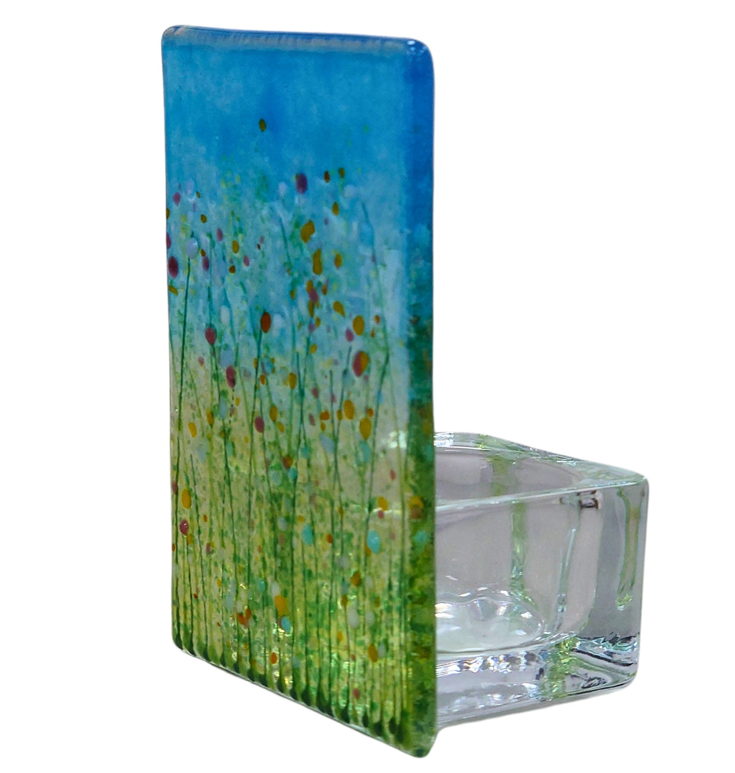 Fused glass tealight holder, Summer meadow candle shade, Flower tea light holder