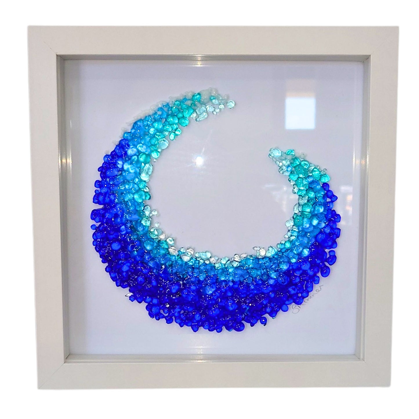 Fused glass medium framed picture ocean wave, fused glass art, sea art, fused glass