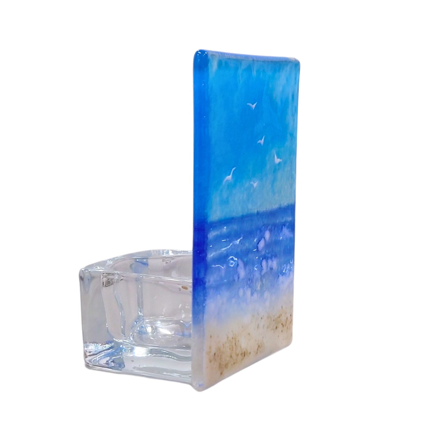 Fused glass tealight holder, Sea & Gulls, seaside, candle shade, beach tea light holder
