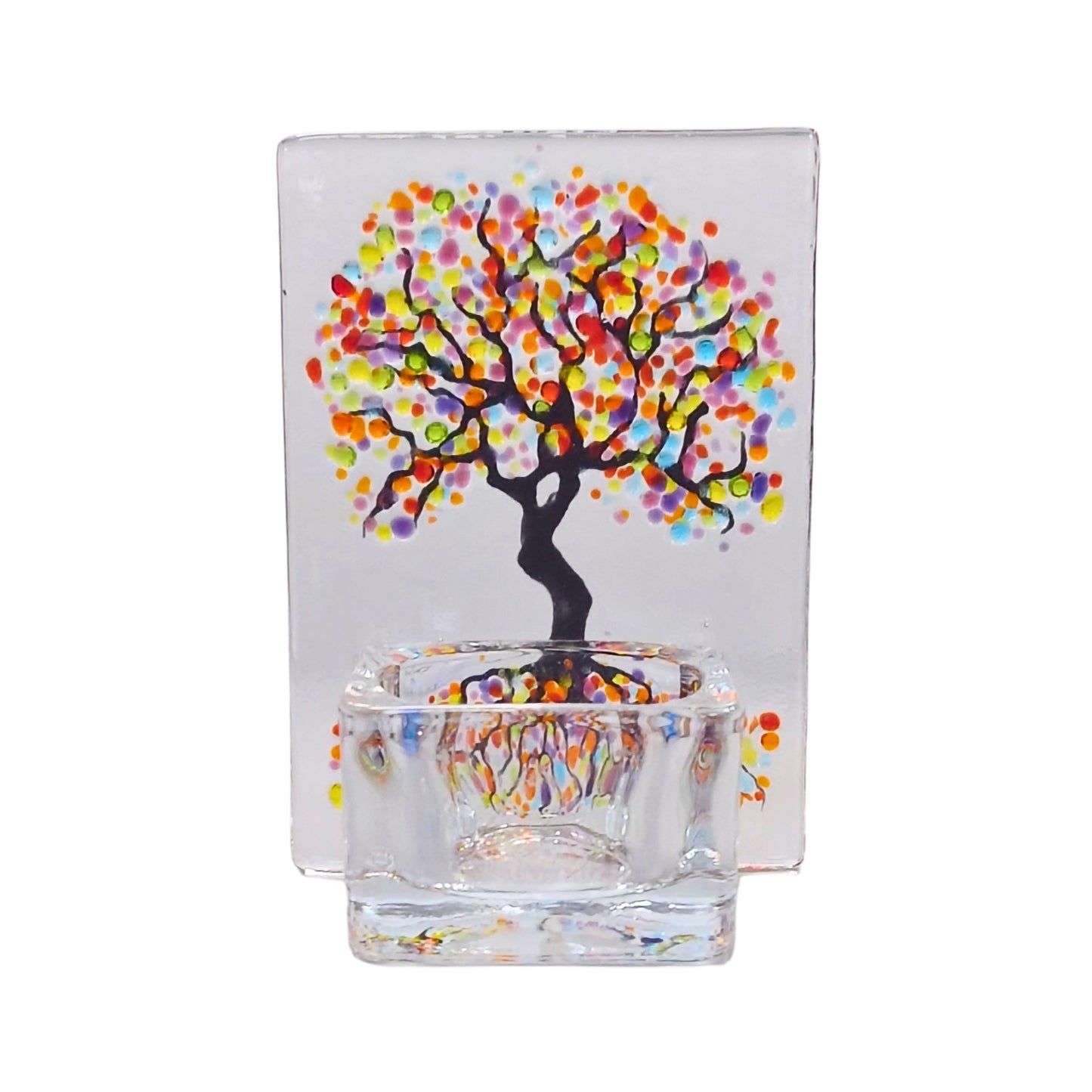 Fused glass tealight holder, rainbow Tree of Life candle shade
