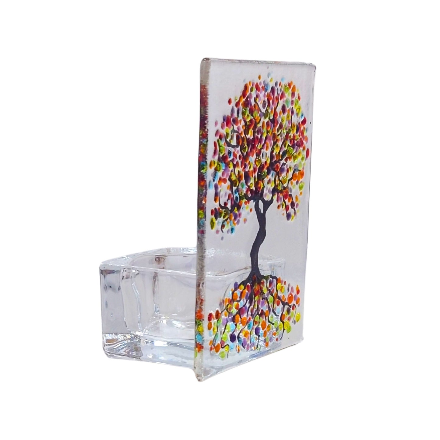 Fused glass tealight holder, rainbow Tree of Life candle shade