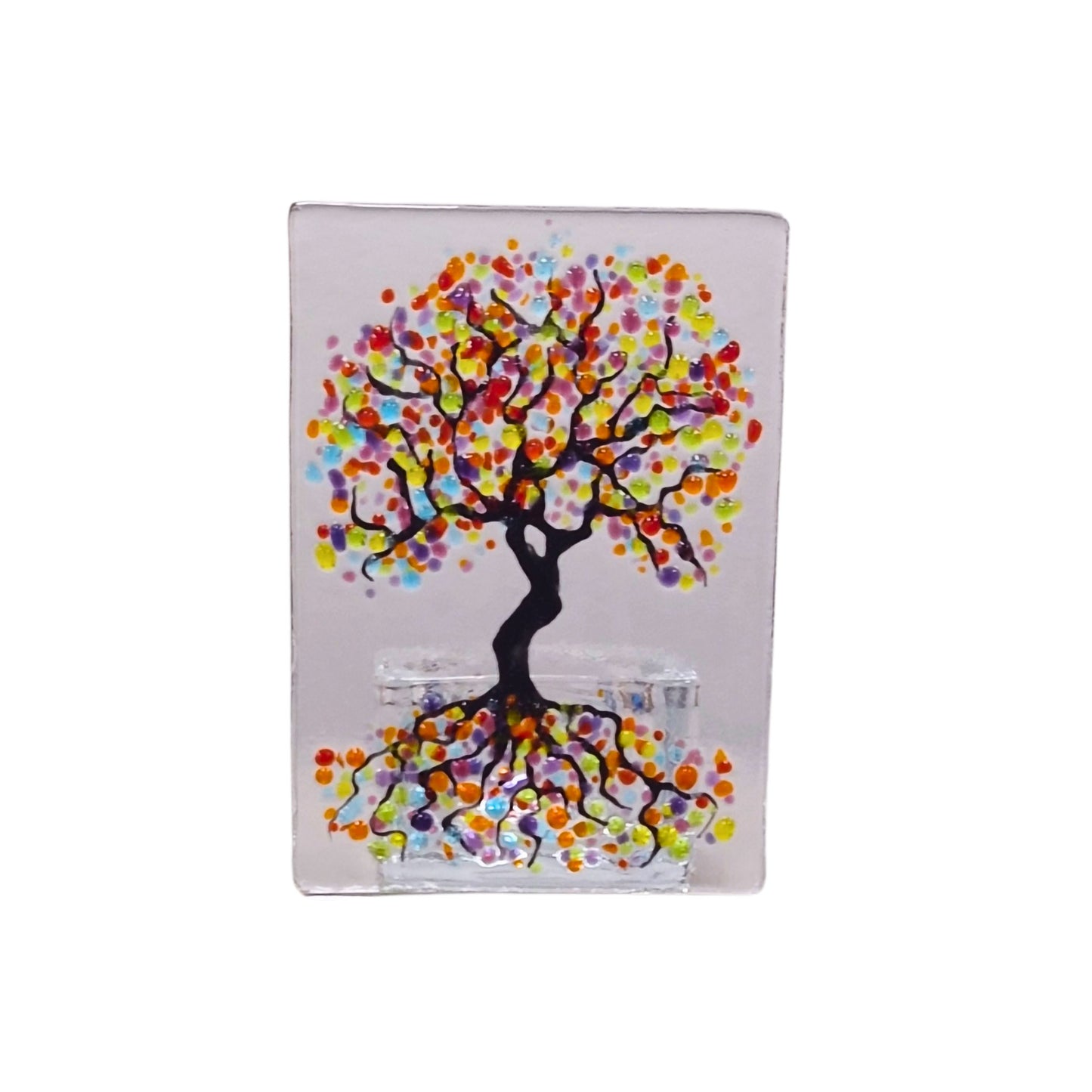 Fused glass tealight holder, rainbow Tree of Life candle shade