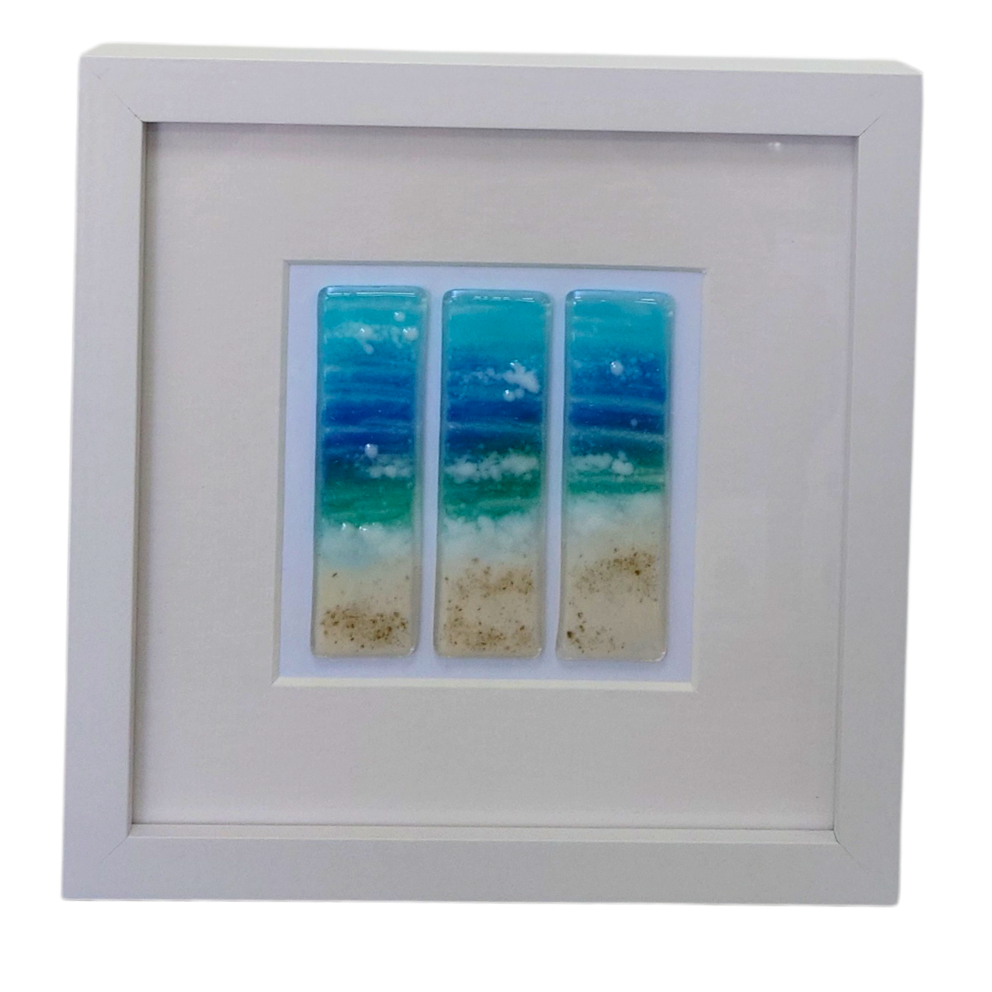Fused glass small framed picture beach waves,  fused glass art, beach and sea art, fused glass