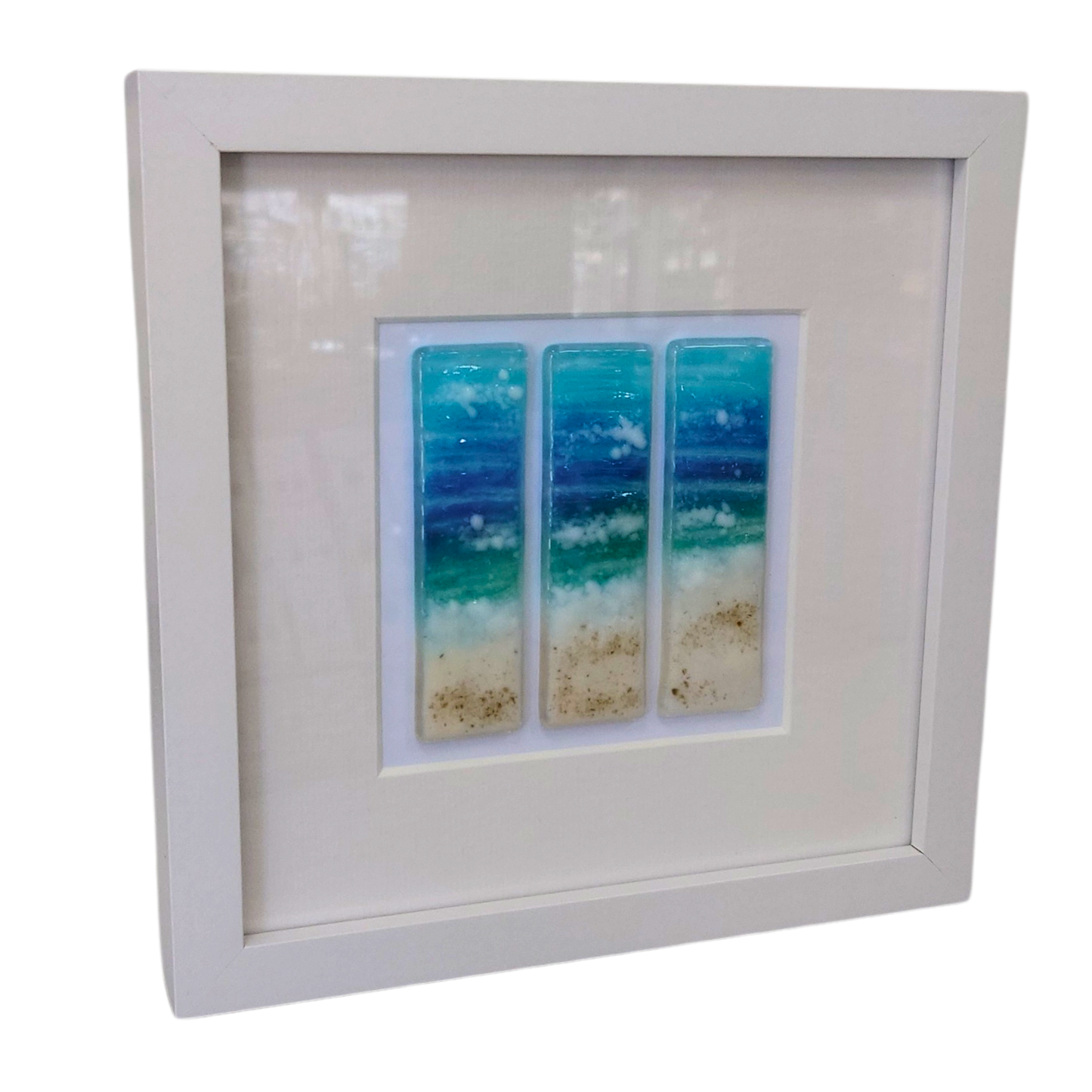 Fused glass small framed picture beach waves,  fused glass art, beach and sea art, fused glass