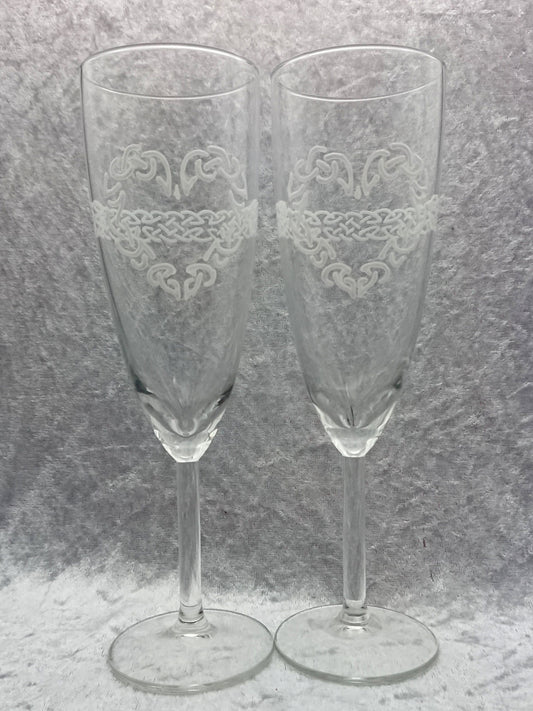 Hand-painted Celtic Heart Champagne Glasses in White