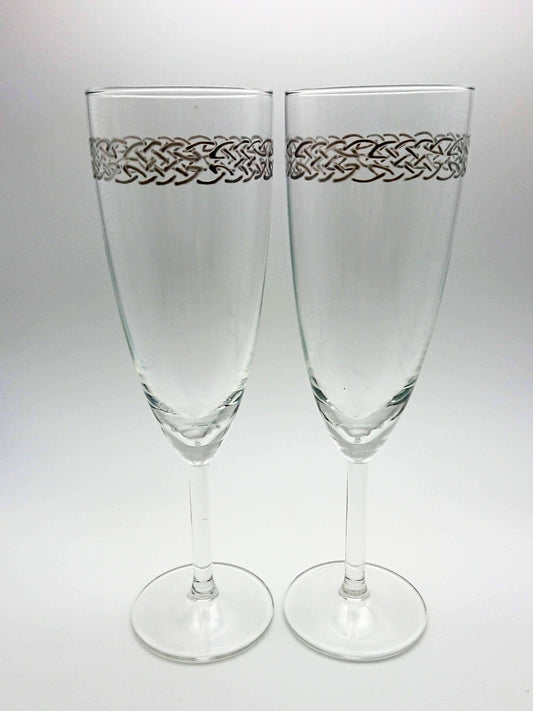 Hand-painted Celtic Champagne Glasses in Silver
