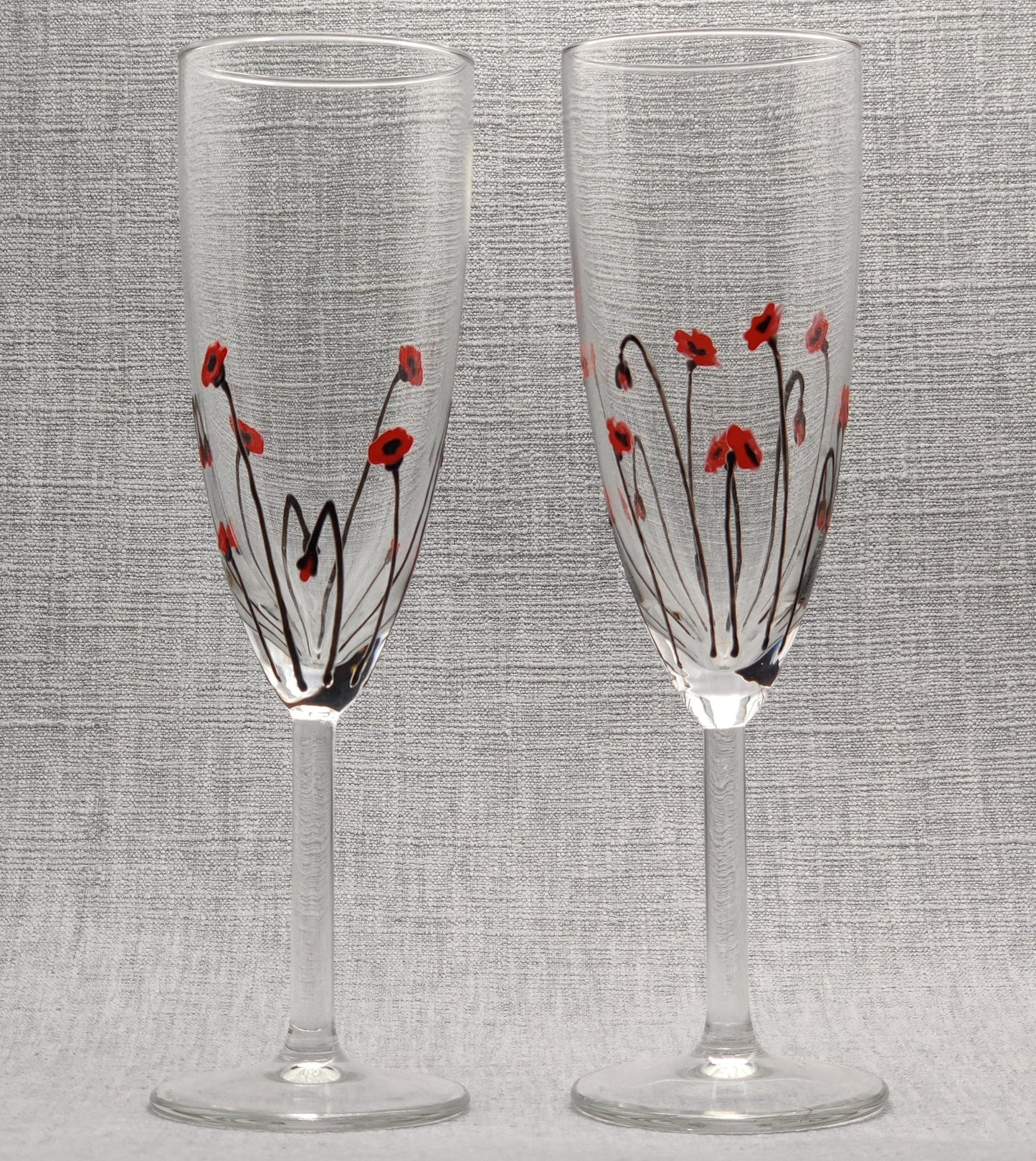 Pair of Hand-painted Poppy champagne/prosecco glasses
