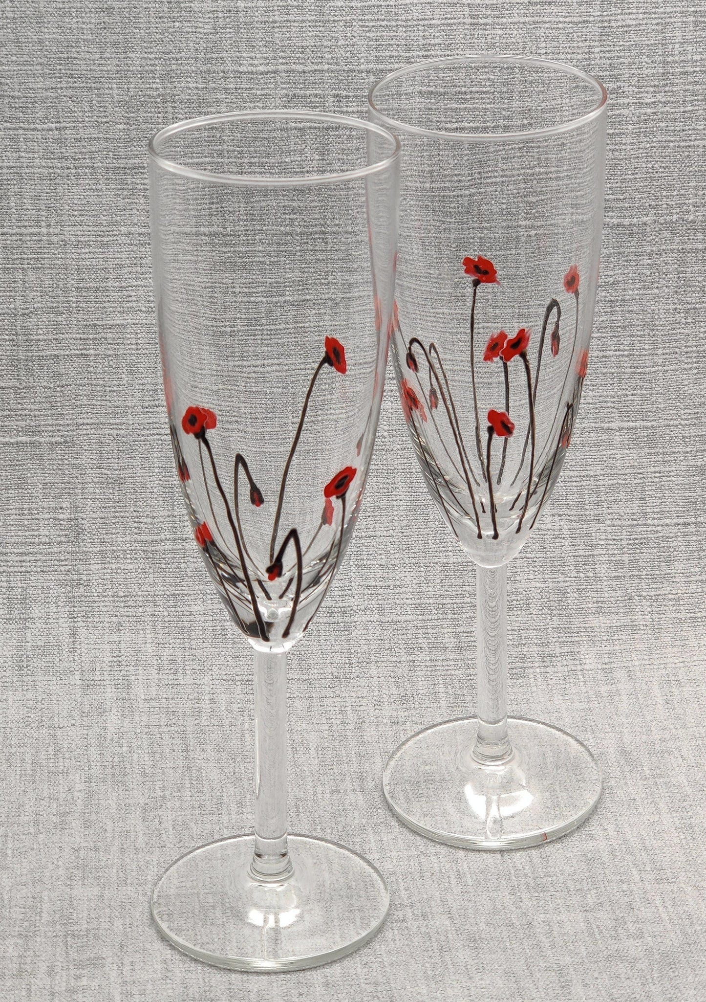 Pair of Hand-painted Poppy champagne/prosecco glasses