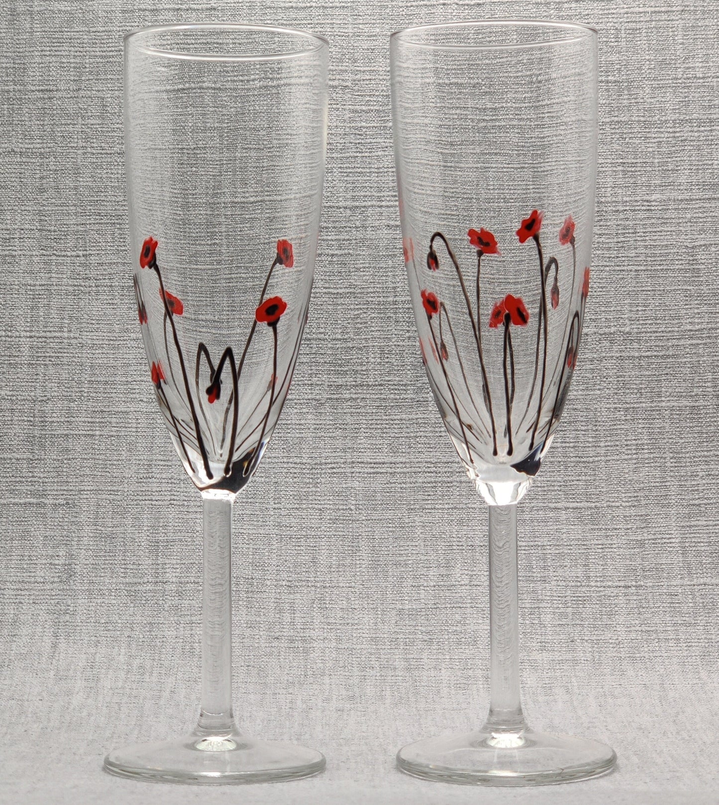 Pair of Hand-painted Poppy champagne/prosecco glasses