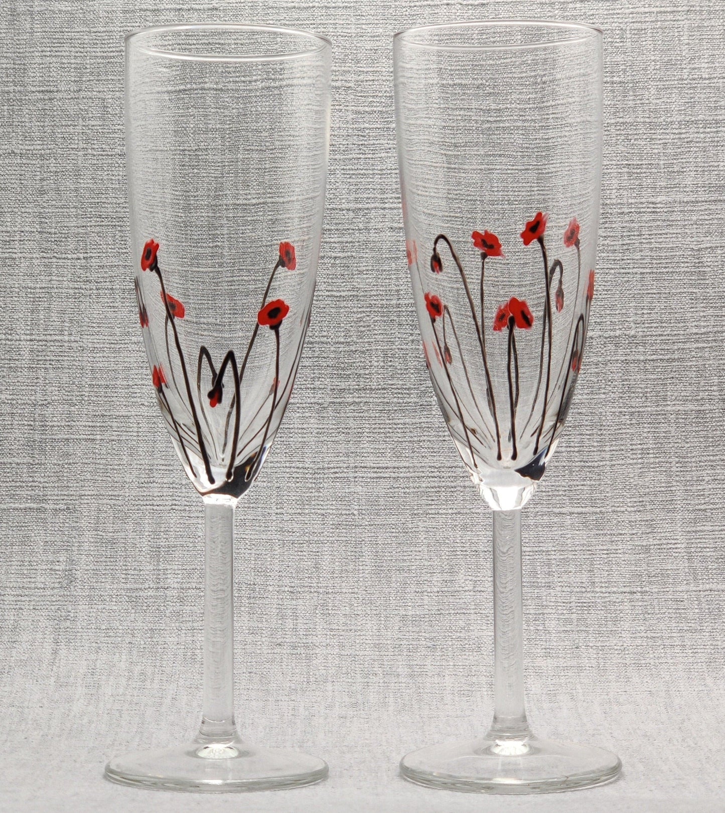 Pair of Hand-painted Poppy champagne/prosecco glasses