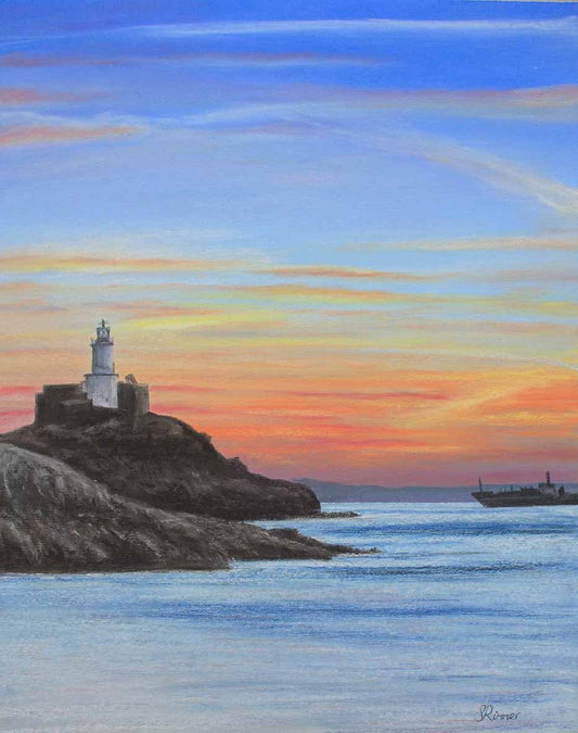 Pastel Drawing -  Swansea - Mumbles Head Sunset -Welsh Landscape- Limited Edition Print