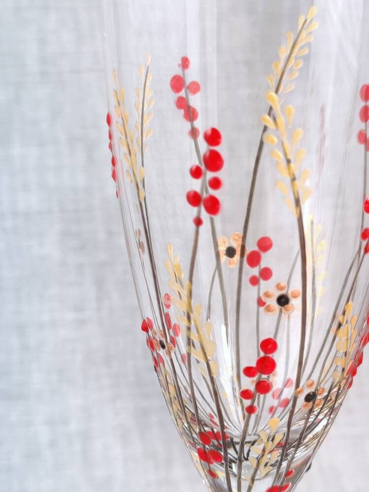 Pair of Hand-painted 'Autumn Meadow' champagne /prosecco Glass