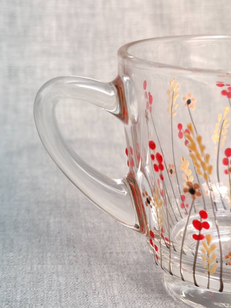 Hand-painted 'Autumn Meadow design glass mug