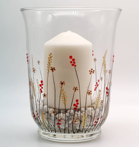 Hand-painted 'Autumn meadow' Glass Vase/ Candle Holder