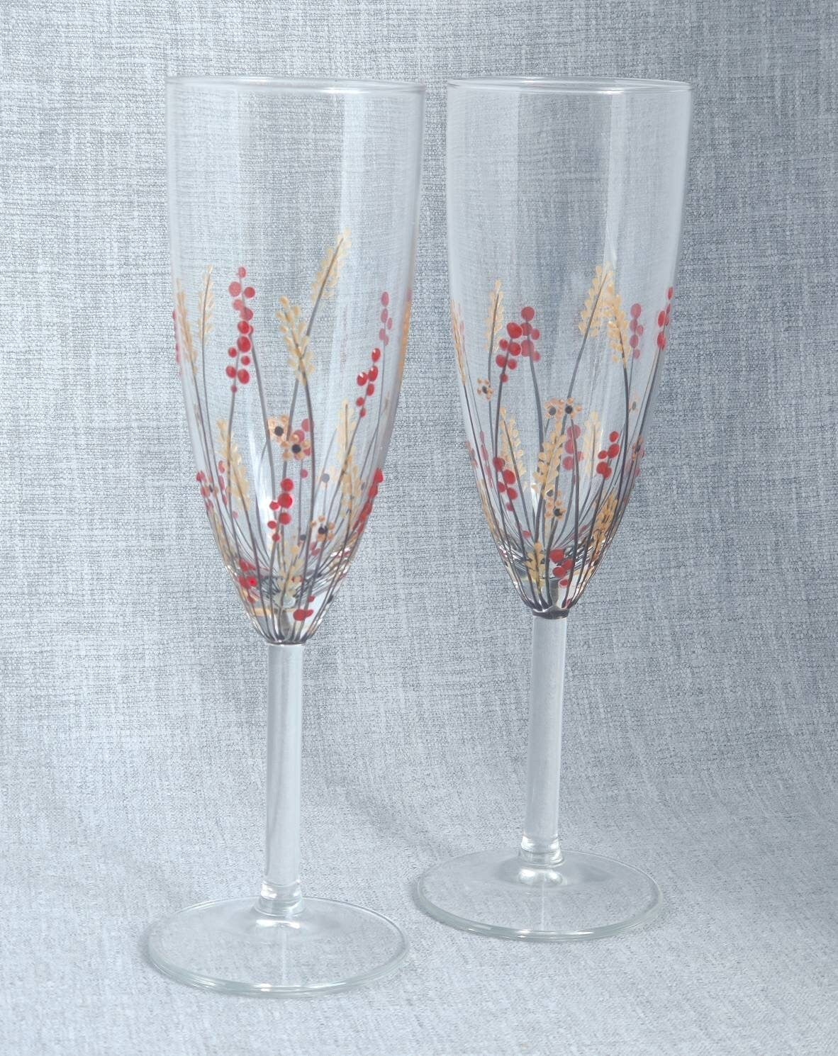 Pair of Hand-painted 'Autumn Meadow' champagne /prosecco Glass