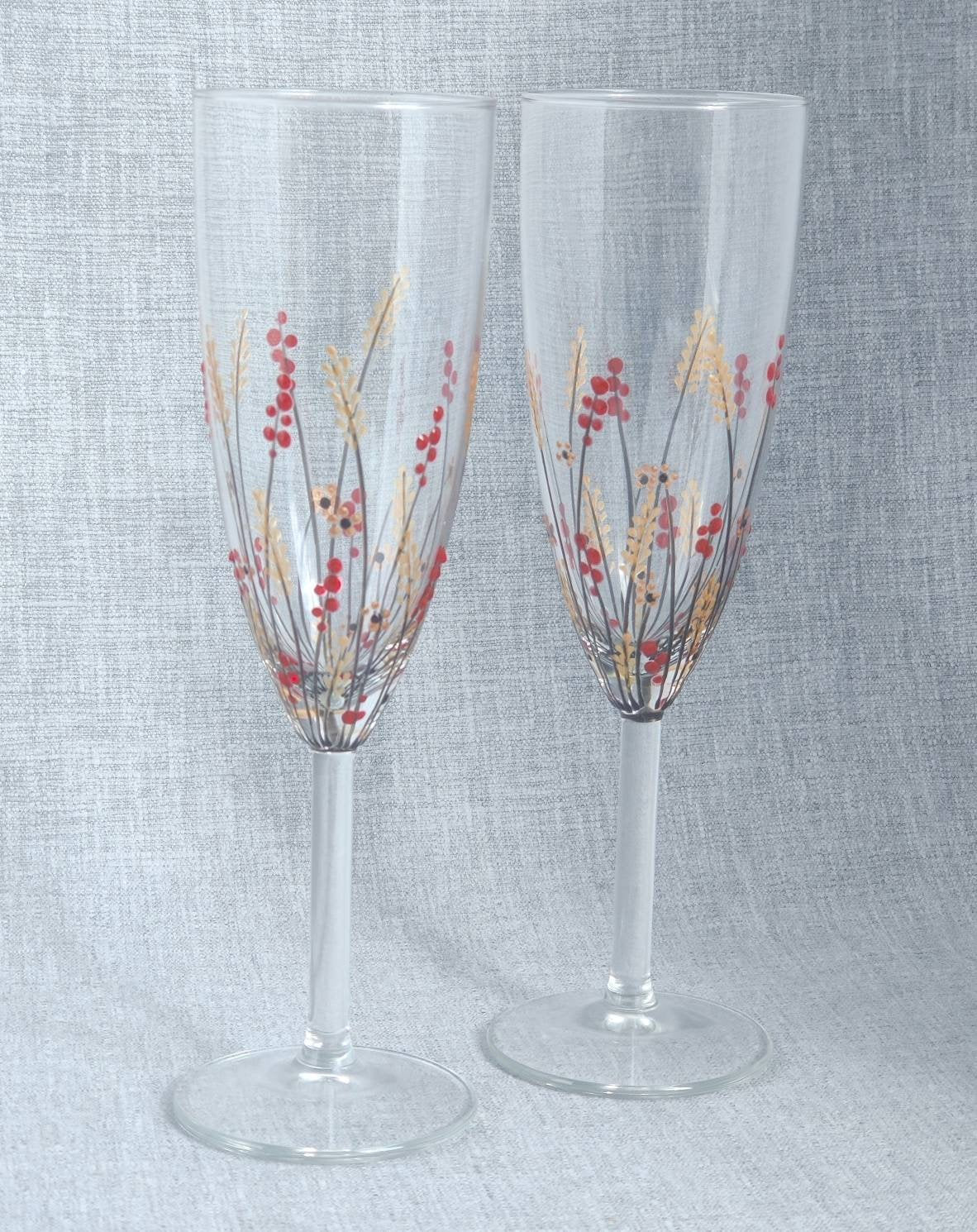 Pair of Hand-painted 'Autumn Meadow' champagne /prosecco Glass