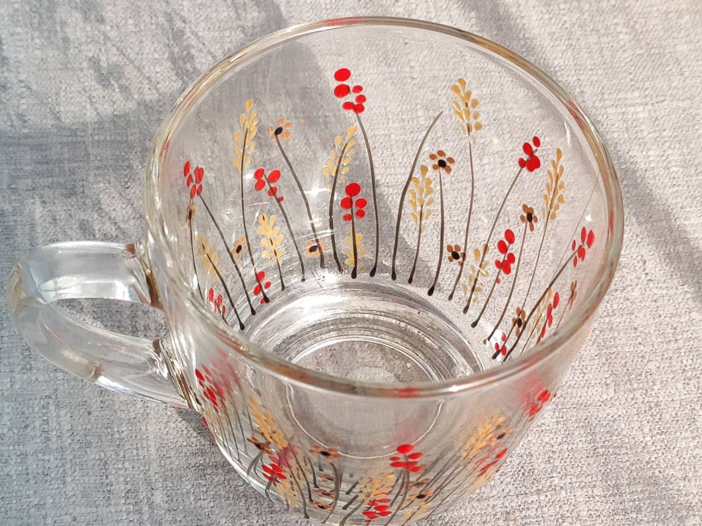Hand-painted 'Autumn Meadow design glass mug