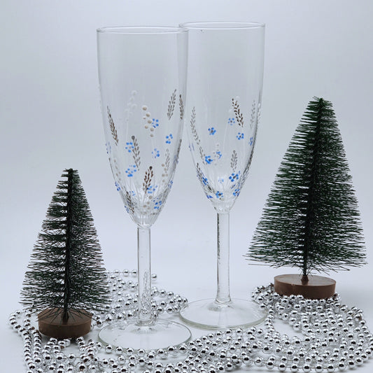 Pair of Hand-painted 'Frosted Meadow' champagne /prosecco Glass