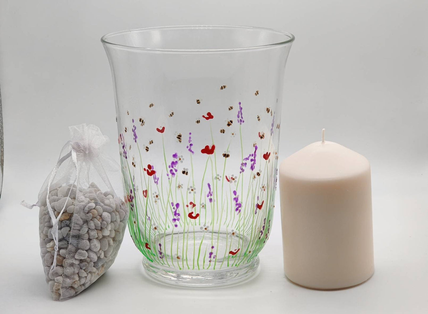 Hand-painted 'Summer meadow' Glass Vase/ Candle Holder