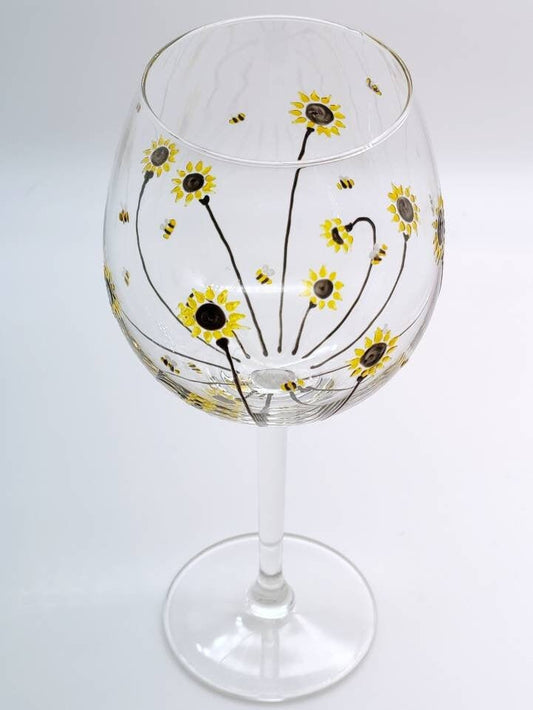 Hand-painted 'Bee & Sunflower' design Large Wine Glass