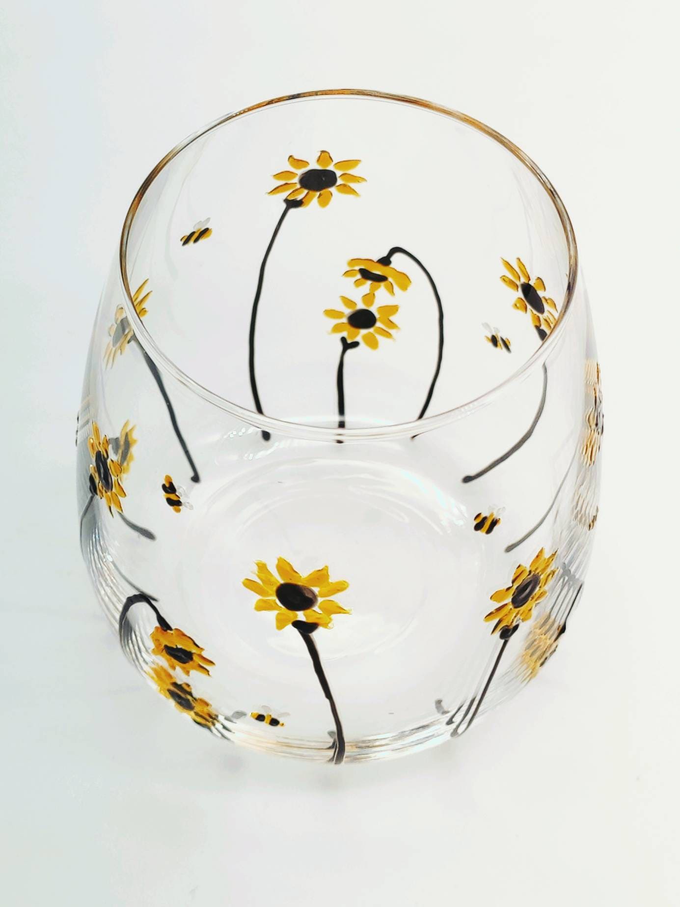 Hand-painted 'Sunflower & bee' design Stemless Wine Glass