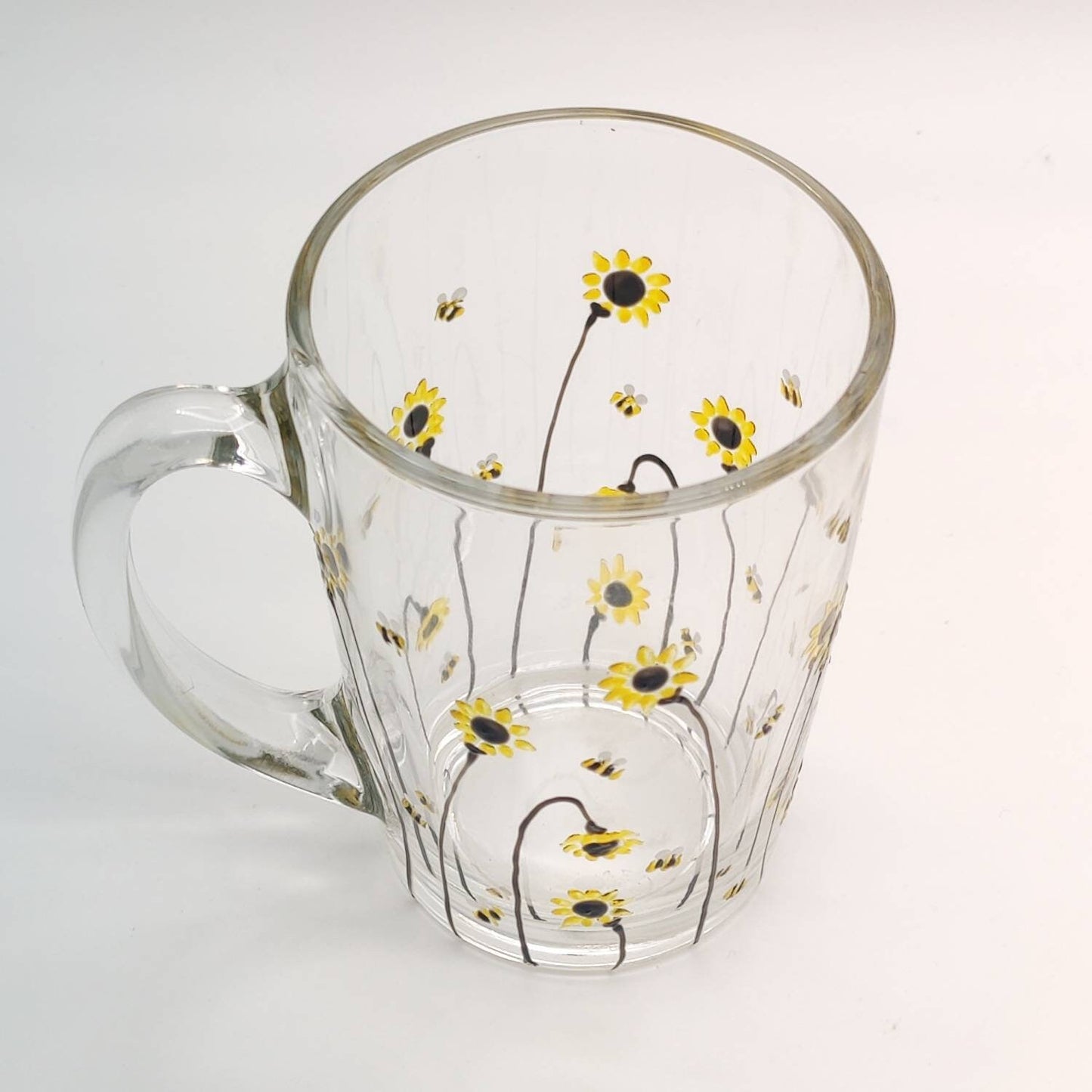 Bee & Sunflower hand painted glass mug