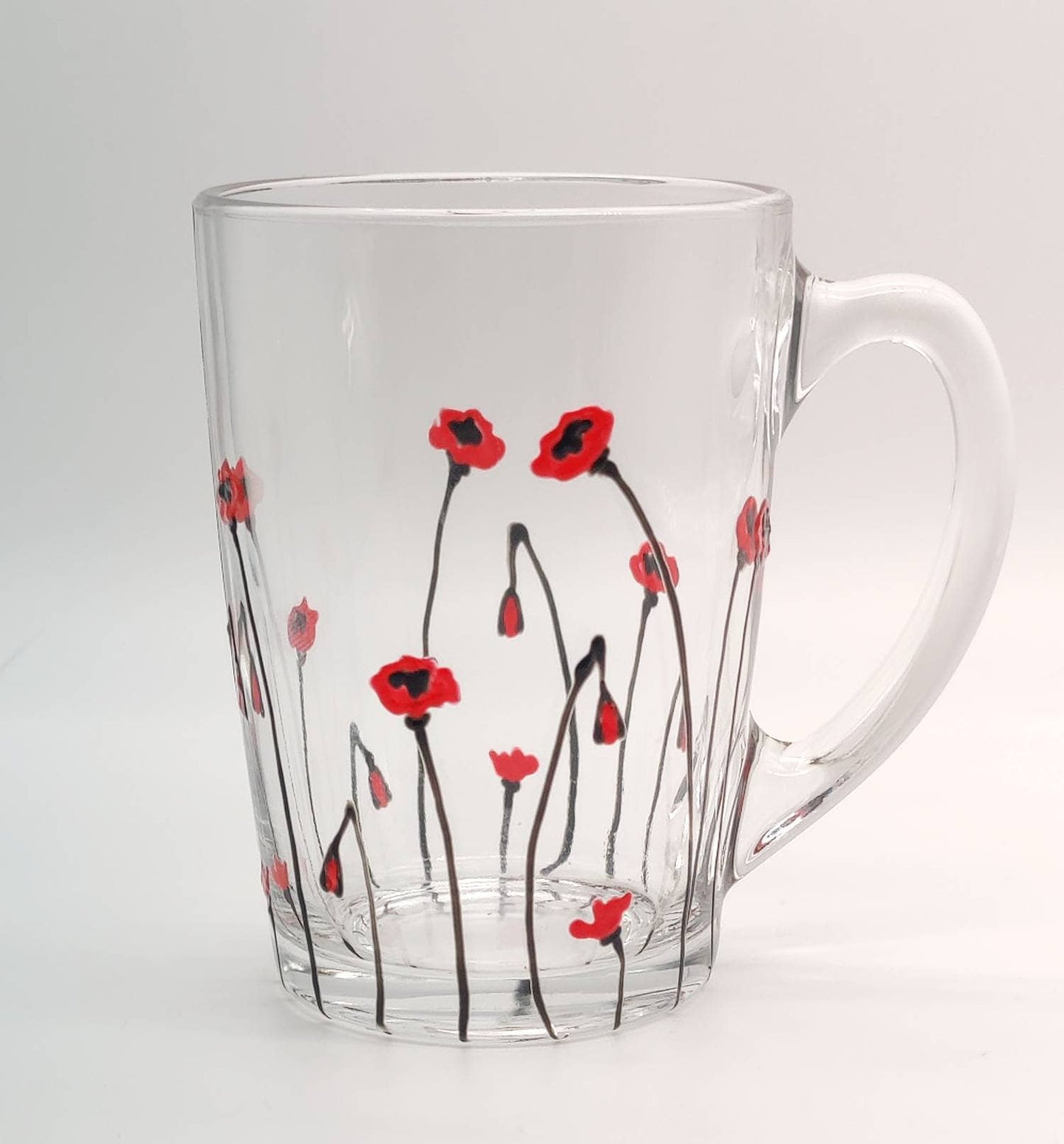 Poppy hand painted glass mug, tea/coffee mug