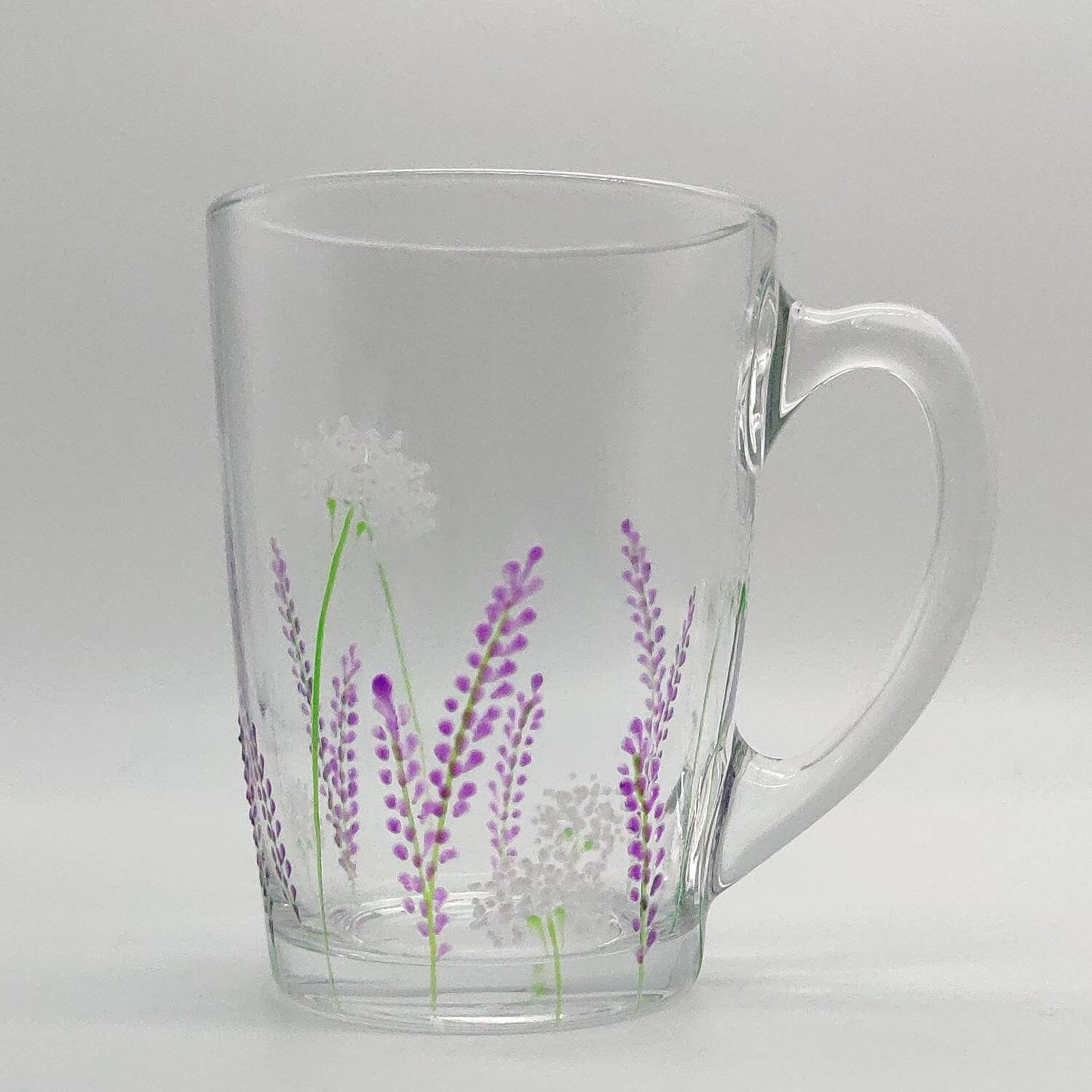 Lavender design hand painted glass mug, tea/coffee mug