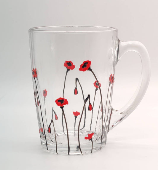 Poppy hand painted glass mug, tea/coffee mug