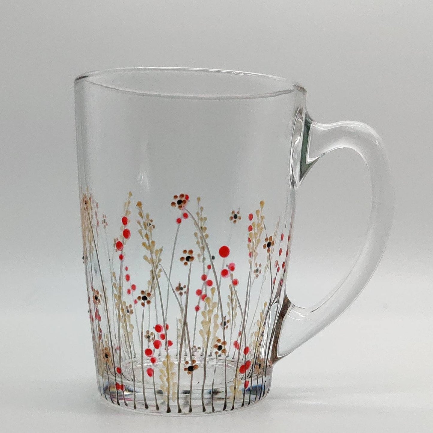 Autumn meadow design hand painted glass mug, tea/coffee mug
