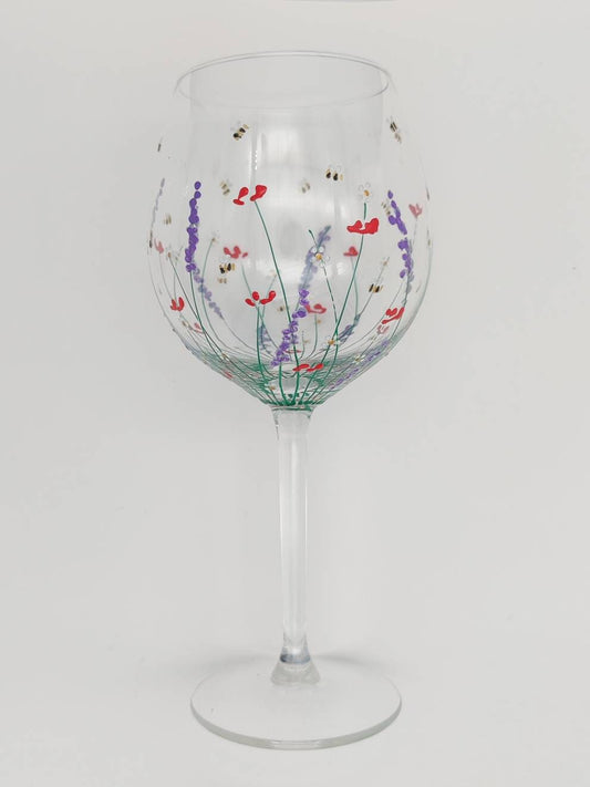 Hand-painted 'summer meadow ' design large wine glass