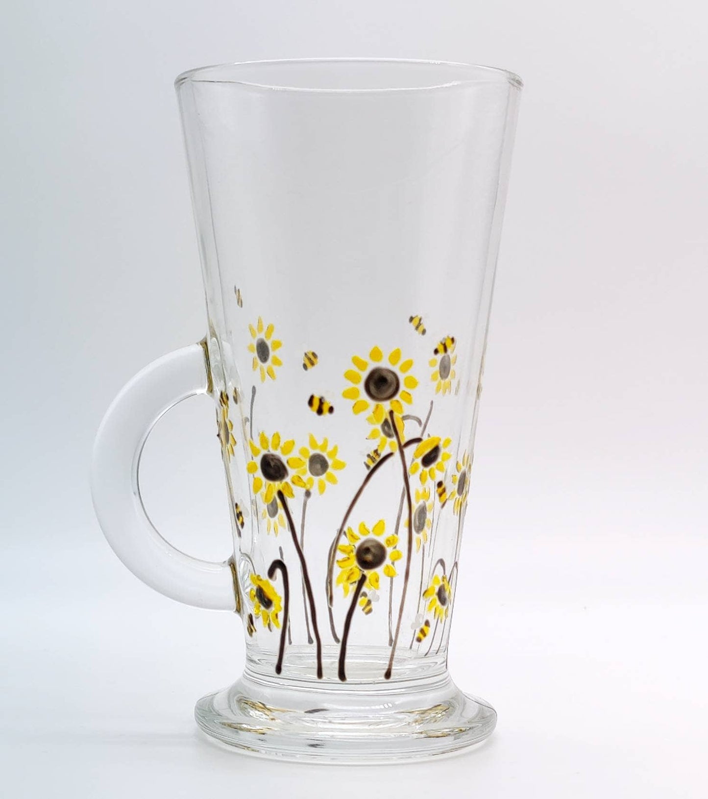 Bee & Sunflower hand painted glass latte mug