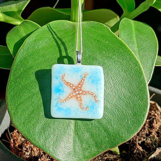 Fused glass pendant, starfish pendant, ECO silver chain, recycled silver, seaside pendant, eco chain gift, sterling silver,