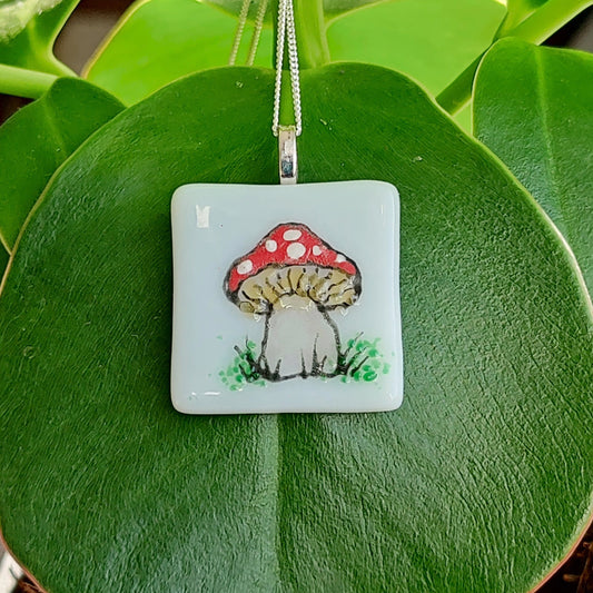 Fused glass pendant, toadstool pendant, ECO silver chain, recycled silver, mushroom pendant, eco chain gift, sterling silver,