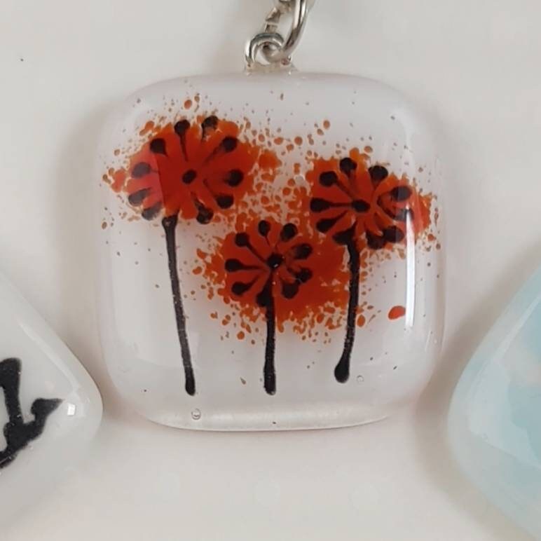 Fused glass keyring, fused glass keychain, boat keyring, seaside beach hut, rainbow heart, bee, toadstool mushroom, flower keyring