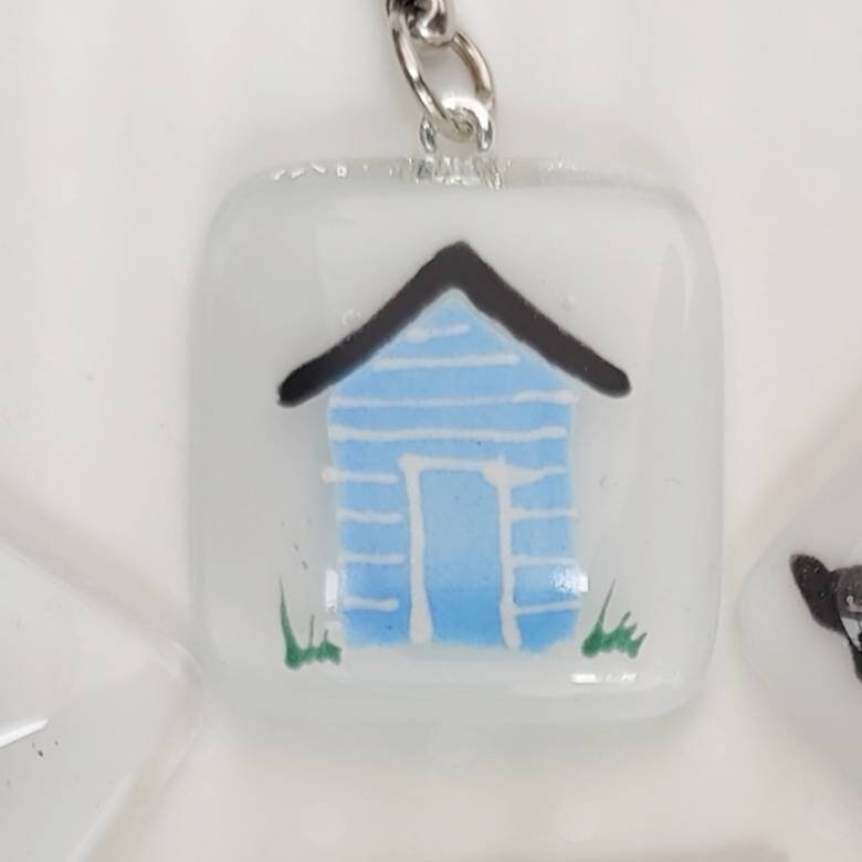 Fused glass keyring, fused glass keychain, boat keyring, seaside beach hut, rainbow heart, bee, toadstool mushroom, flower keyring