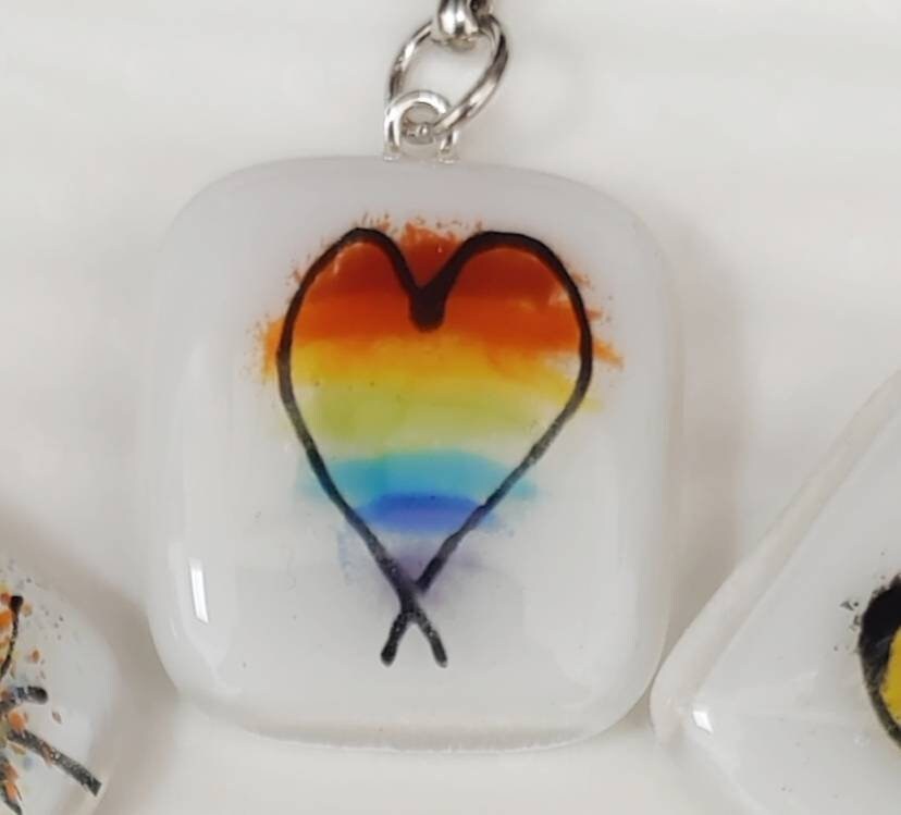 Fused glass keyring, fused glass keychain, boat keyring, seaside beach hut, rainbow heart, bee, toadstool mushroom, flower keyring