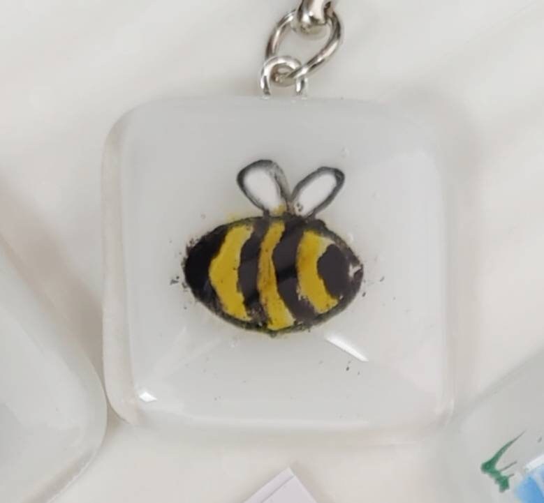Fused glass keyring, fused glass keychain, boat keyring, seaside beach hut, rainbow heart, bee, toadstool mushroom, flower keyring