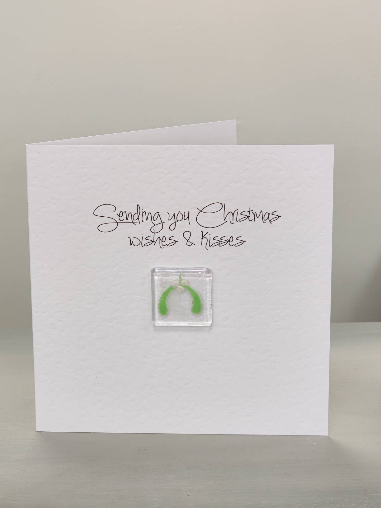 Fused glass Christmas card, mistletoe, Christmas wishes and kisses , Christmas card, unique Xmas card.