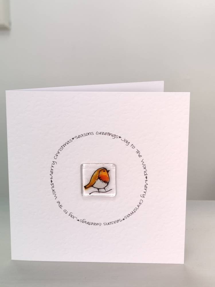 Fused glass Christmas card, Christmas Robin, Robin card, Christmas card, unique Xmas card.