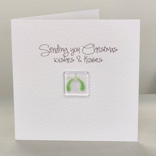 Fused glass Christmas card, mistletoe, Christmas wishes and kisses , Christmas card, unique Xmas card.