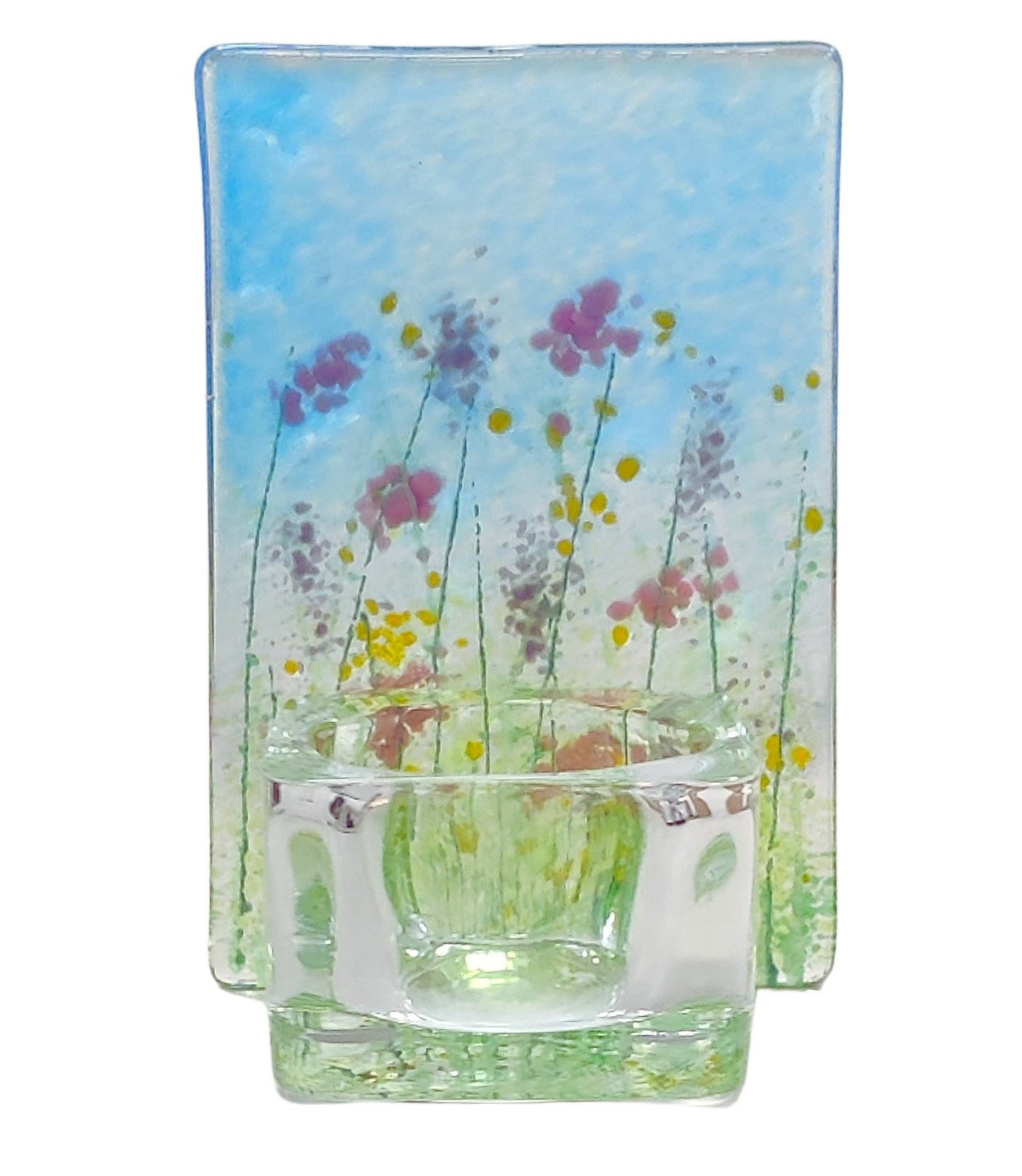 Fused glass tealight  holder, Summer meadow candle shade, Flower tea light holder