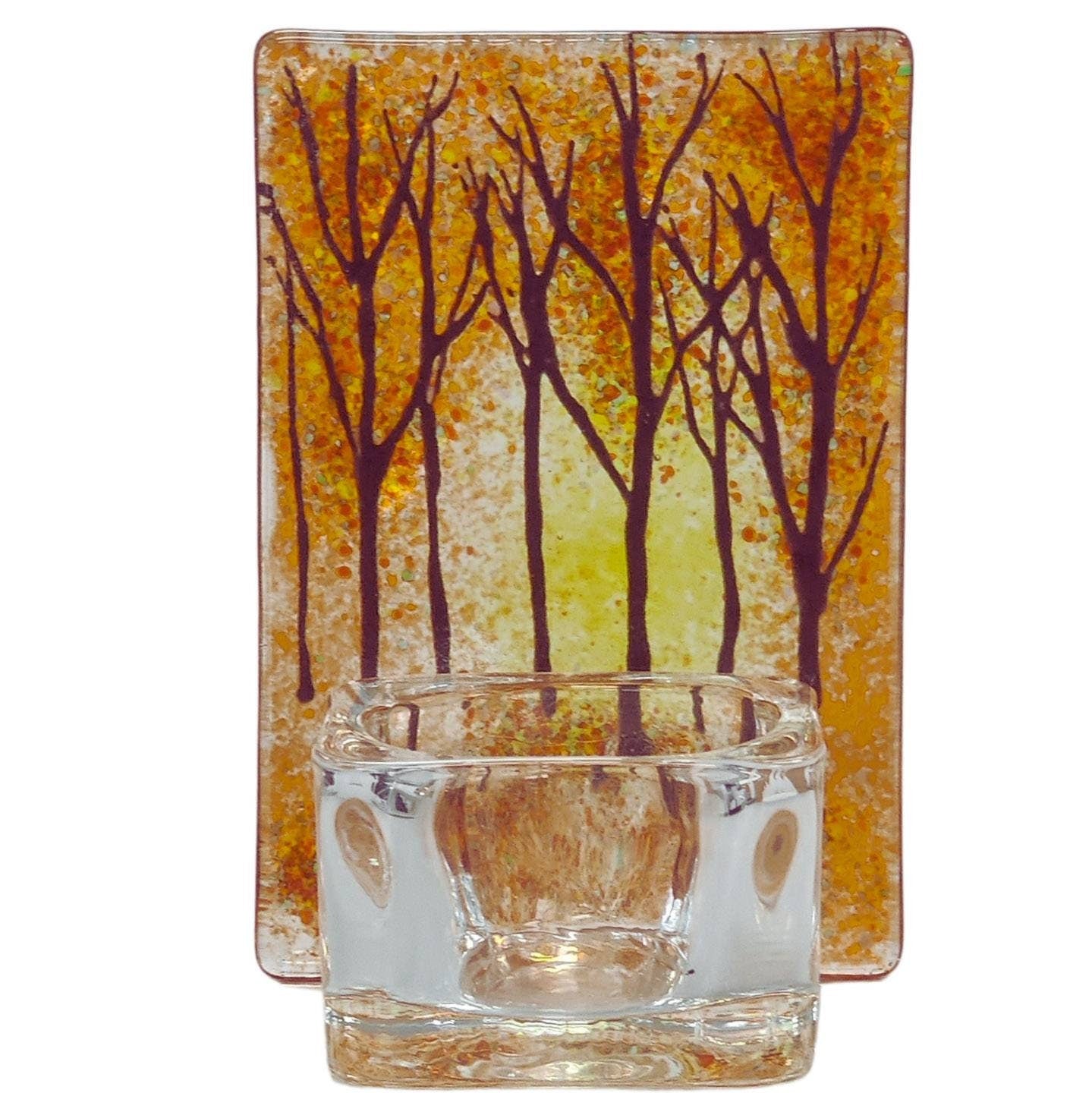 Fused glass tealight holder, autumn forest, candle shade, autumn tea light holder