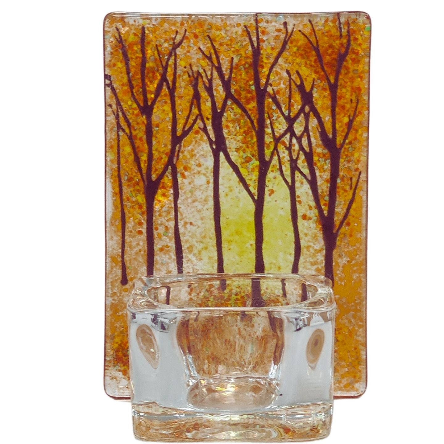 Fused glass tealight  holder, autumn forest, candle shade, autumn tea light holder