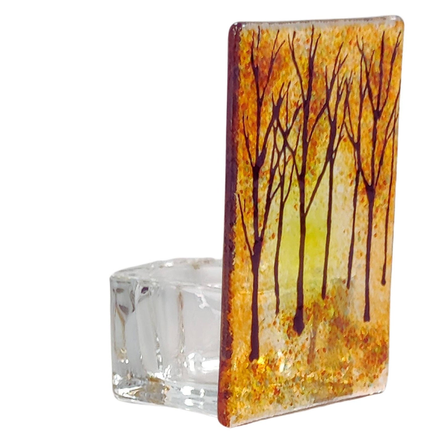 Fused glass tealight holder, autumn forest, candle shade, autumn tea light holder
