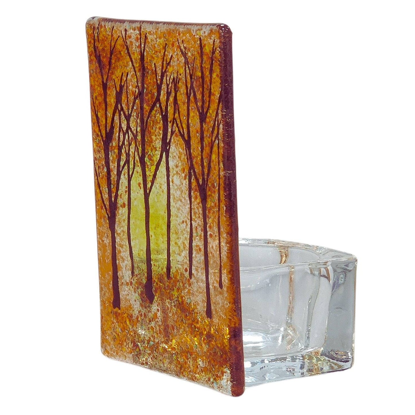 Fused glass tealight holder, autumn forest, candle shade, autumn tea light holder