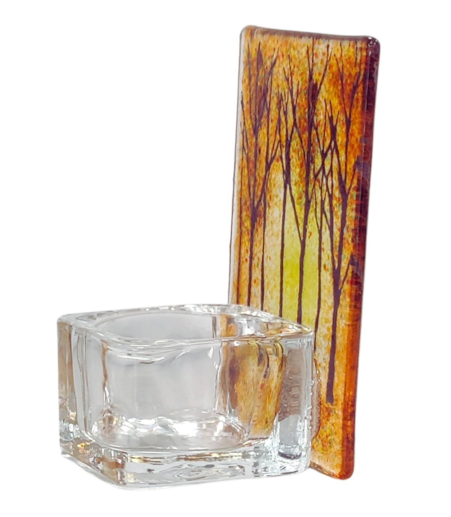 Fused glass tealight holder, autumn forest, candle shade, autumn tea light holder
